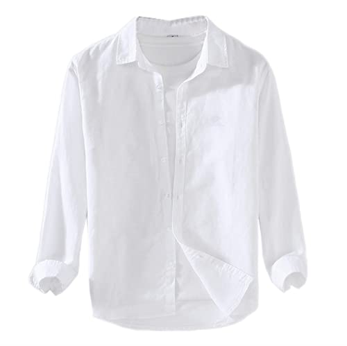 GIBZ Herren Leinen Hemden Langarm Button Down Freizeithemden am Strand Weiß XL von GIBZ