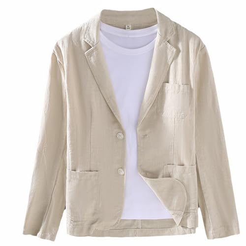 GIBZ Herren Leinen Sakko Blazer Einfarbiger Anzugjacke mit Tasche Revers 2 Knopf Anzug Einfacher Lockerer Beige L von GIBZ