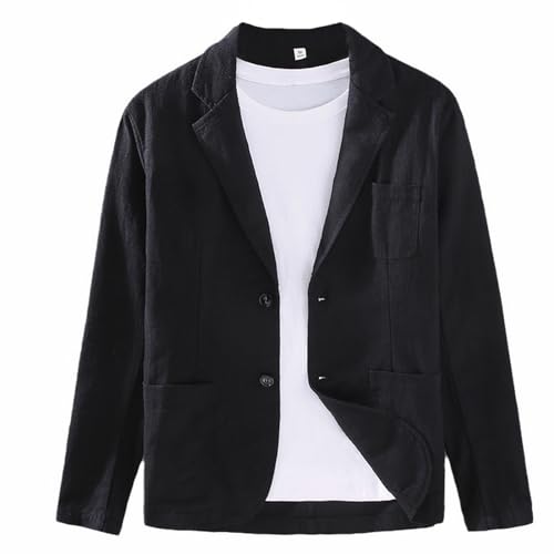 GIBZ Herren Leinen Sakko Blazer Einfarbiger Anzugjacke mit Tasche Revers 2 Knopf Anzug Einfacher Lockerer Schwarz M von GIBZ