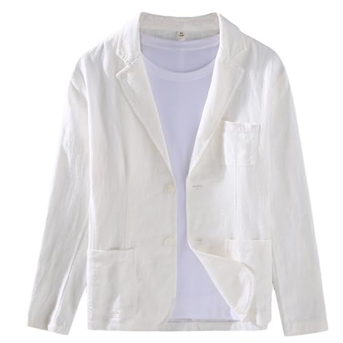 GIBZ Herren Leinen Sakko Blazer Einfarbiger Anzugjacke mit Tasche Revers 2 Knopf Anzug Einfacher Lockerer Weiß L von GIBZ