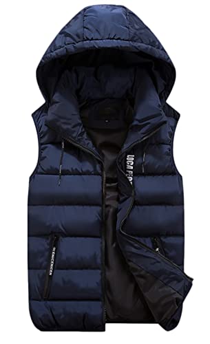 GIBZ Herren Steppweste Daunenweste Ärmellose Sportweste Wärme Freizeit Outdoor Slim Fit Kapuzenweste mit Reißverschluss Taschen, Blau, L von GIBZ