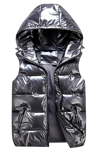 GIBZ Herren Steppweste Glänzende mit Kapuze Daunenjacke Warm mit Reißverschluss Taschen Ärmellos Jacke Lässig für Winter, Dunkelgrau, 3XL von GIBZ