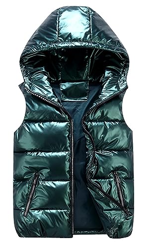 GIBZ Herren Steppweste Glänzende mit Kapuze Daunenjacke Warm mit Reißverschluss Taschen Ärmellos Jacke Lässig für Winter, Dunkelgrün, S von GIBZ