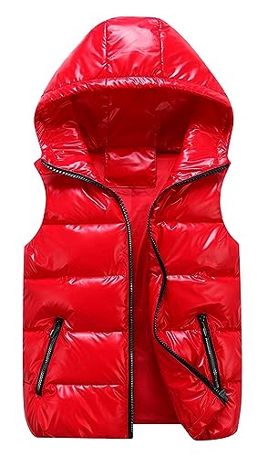 GIBZ Herren Steppweste Glänzende mit Kapuze Daunenjacke Warm mit Reißverschluss Taschen Ärmellos Jacke Lässig für Winter, Rot, XS von GIBZ