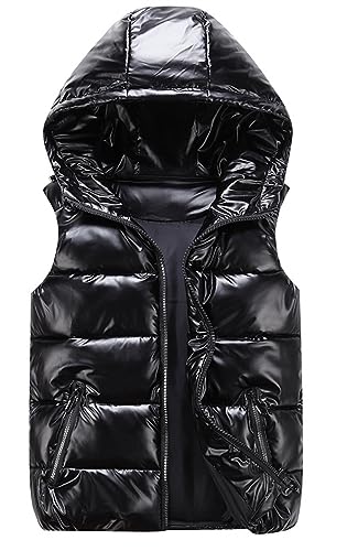 GIBZ Herren Steppweste Glänzende mit Kapuze Daunenjacke Warm mit Reißverschluss Taschen Ärmellos Jacke Lässig für Winter, Schwarz, L von GIBZ