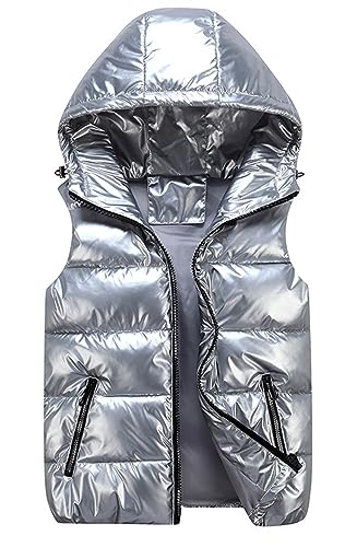 GIBZ Herren Steppweste Glänzende mit Kapuze Daunenjacke Warm mit Reißverschluss Taschen Ärmellos Jacke Lässig für Winter, Silber, L von GIBZ