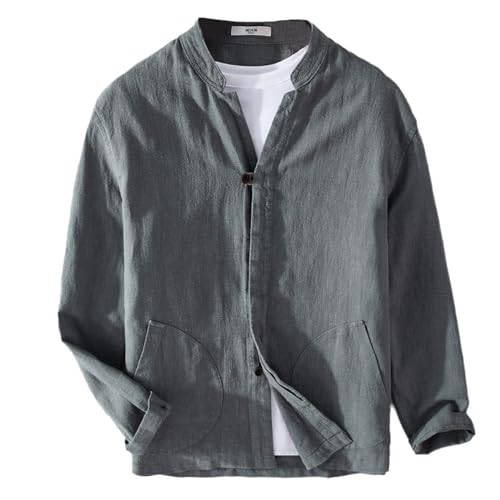 GIBZ Herren Vintage Hemden Langarm Sommer Unifarben Baumwolle Leinen Casual Stehkragen Hemd mit Taschen für Strand Yoga, Grau, L von GIBZ