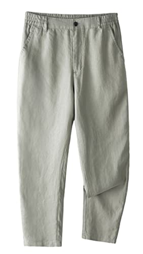 GIBZ Herrenhose 100% Leinen Elastische Taille Sommer Lockere Passform Schlichte Lässige Gerade Hose mit Tasche, Grün, XL von GIBZ