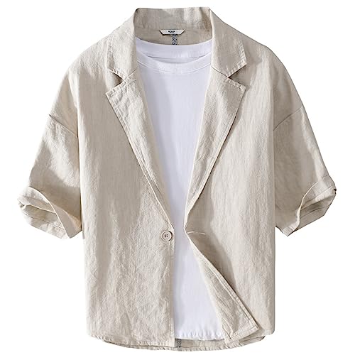 GIBZ Leichte Jacke Herren Blazer Sommerkleid Aus Baumwolle und Leinen mit FüNfteiligem äRmel und Einem Knopf Anzug Mantel Sakko LäSsige Lockere Passform Beige L von GIBZ