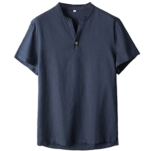 GIBZ Leinen Hemd für Herren Kurzärmlig Einfarbig Leicht Sommer Lockere Leinenhemd Lässiges Button Down Top, Navy Blau, XL von GIBZ