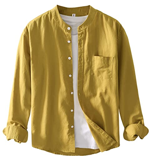 GIBZ Leinen Hemd für Herren Ohne Kragen Langarm Casual Baumwolle Hemden Strandhemd Unifarben Shirt, Gelb, M von GIBZ
