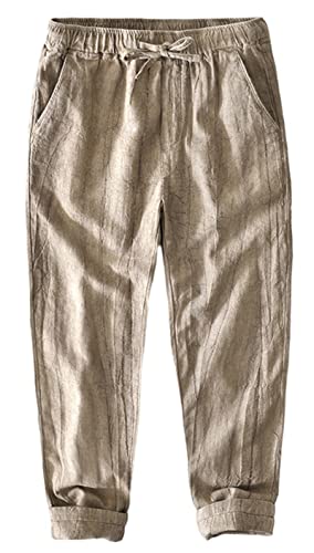 GIBZ Leinenhose für Herren Lang Sommer Verstellbare Gummizug Natur Männer Baumwoll Hose Lässig mit Tasche für Yoga Strand, Khaki, XL von GIBZ