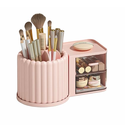GIBZ Make Up Cosmetic Organizer 360 Grad Drehbar Aufbewahrungskoffer für Make-Up-Pinsel mit 6 Fächern für Schminktisch Schreibtisch Badezimmer Büro Rosa von GIBZ