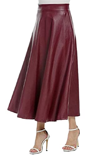 GIBZ Midi Länge Damen High Waist Large Swing Lederrock Figurbetonter Arbeitsrock Weinrot M von GIBZ
