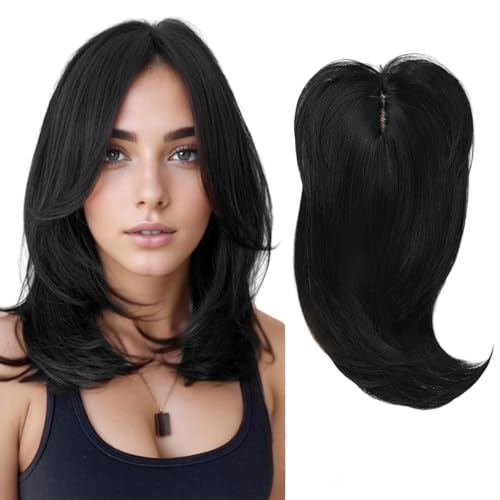 GIBZ Perücke Glatt Lange Wellige mit Pony Perücken Strähnchen Hitzebeständige Kunsthaarperücken für Damen Frauen Partys Cosplay Schwarz 50cm von GIBZ