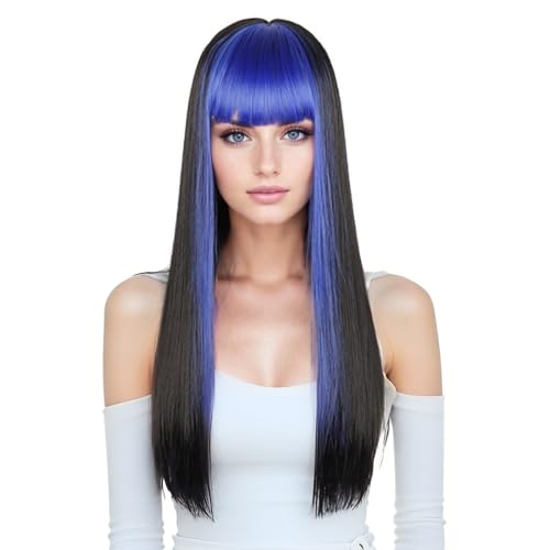 GIBZ Perücke mit Pony Glatte Ombre Perücken Strähnchen Lange Hitzebeständige Kunsthaarperücken für Damen Frauen Alltag Partys Cosplay Blau 60cm von GIBZ