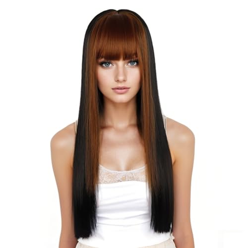 GIBZ Perücke mit Pony Glatte Ombre Perücken Strähnchen Lange Hitzebeständige Kunsthaarperücken für Damen Frauen Alltag Partys Cosplay Braun 60cm von GIBZ