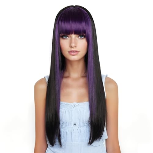 GIBZ Perücke mit Pony Glatte Ombre Perücken Strähnchen Lange Hitzebeständige Kunsthaarperücken für Damen Frauen Alltag Partys Cosplay Lila 60cm von GIBZ