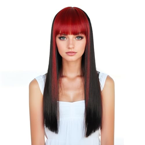 GIBZ Perücke mit Pony Glatte Ombre Perücken Strähnchen Lange Hitzebeständige Kunsthaarperücken für Damen Frauen Alltag Partys Cosplay Rot 60cm von GIBZ