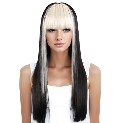GIBZ Perücke mit Pony Glatte Ombre Perücken Strähnchen Lange Hitzebeständige Kunsthaarperücken für Damen Frauen Alltag Partys Cosplay Weiß 60cm von GIBZ