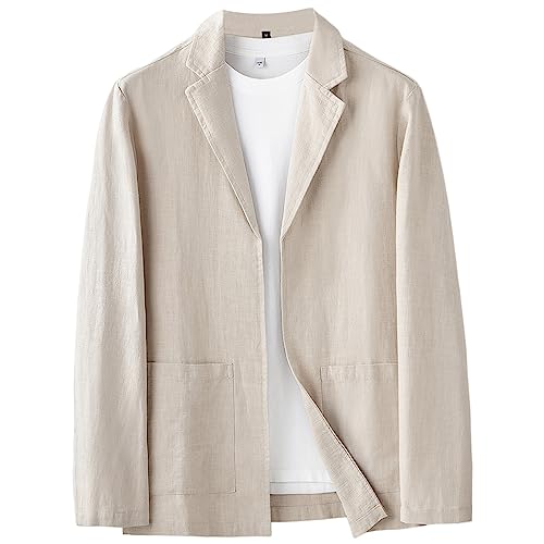 GIBZ Sakko Herren Sportlich Freizeit Regular Fit Baumwoll Leinen Blazer Jackett Anzugjacke für Hochzeit Freizeit, Beige, L von GIBZ