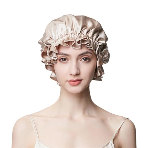 GIBZ Seidenhaube Haare Doppellagige Schlafmütze Einfarbige Schlafhaube Seide Rüschen Damen Satin Haarhaube mit Gummiband Champagner Einheitsgröße von GIBZ