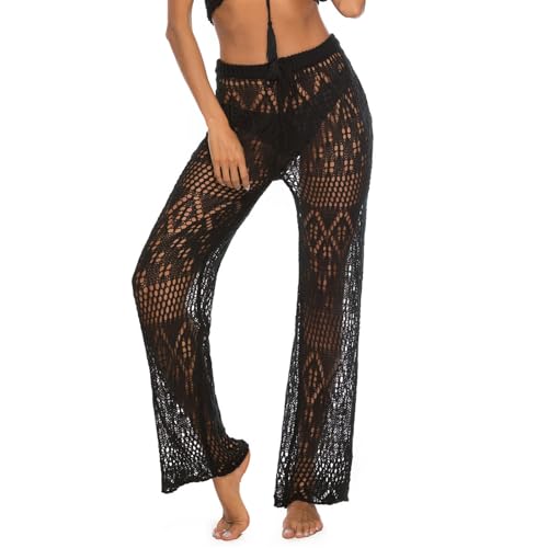 GIBZ Transparente Strandhose für Damen Ausgehöhlt mit Kordelzug Elastisch Hohe Taille Badeanzug Überzug Häkelstrick Bikinihosen, Schwarz, M von GIBZ
