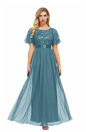 GIBZ Tüll Abendkleid Empire Taille Lang Formell Elegant A Linie Ballkleid Cocktailparty Hochzeit Kleider mit Pailletten für Damen, Blau, XL von GIBZ