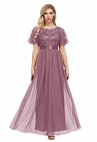 GIBZ Tüll Abendkleid Empire Taille Lang Formell Elegant A Linie Ballkleid Cocktailparty Hochzeit Kleider mit Pailletten für Damen, Rose, XL von GIBZ