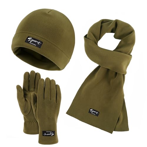 GIBZ Unisex Winter Beanie Mütze Schal Handschuhe Set, Warme & Weiche Fleece Gefütterte Mütze, 3 Stück Touchscreen Handschuhe Sets, Armeegrün von GIBZ