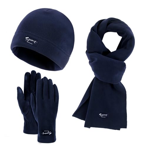 GIBZ Unisex Winter Beanie Mütze Schal Handschuhe Set, Warme & Weiche Fleece Gefütterte Mütze, 3 Stück Touchscreen Handschuhe Sets, Marineblau von GIBZ