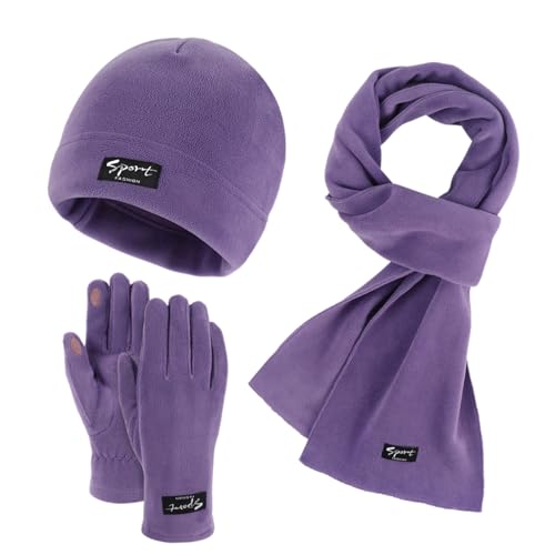 GIBZ Unisex Winter Beanie Mütze Schal Handschuhe Set, Warme & Weiche Fleece Gefütterte Mütze, 3 Stück Touchscreen Handschuhe Sets, Lila von GIBZ