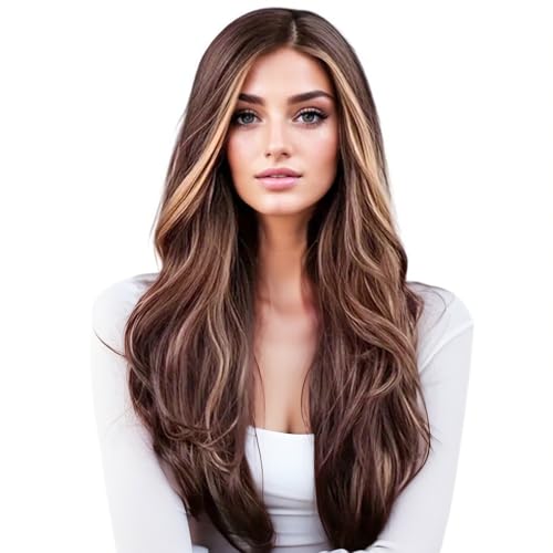GIBZ perücke lang braun wellig Perücken mit Strähnchen Kunsthaarperücken für Damen Frauen Alltag Partys Cosplay Braun 66cm von GIBZ