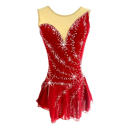 Eislaufkleid Damen Mädchen Hohe Rückenfreie Elastizität Spandex Wettbewerb Eiskunstlaufbekleidung Strass Kleid (Farbe : Red, Größe : 8 Jahre) von GICIR