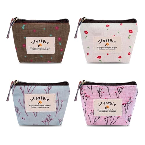 GIDWRIY 4 Stück Kleines Täschchen Mit Reißverschluss,Münzgeldbeutel Stoff,Geldbörse Damen Canvas Schlüsseletui,Münztasche,Mini Portemonnaies,Coin Purse,Geldbeutel Mini Kosmetiktasche für Mädchen von GIDWRIY