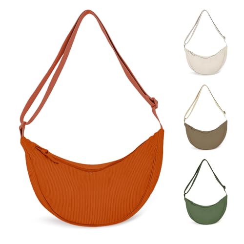 GIDWRIY Halbmond Tasche Damen Cord Crossbody Bag Orange, Halbrunde Schultertasche, Half Moon Handtasche mit Reißverschluss, Umhängetasche Stoff, Dumpling Bag, Banana Bag, Einfarbige Messenger Bag von GIDWRIY