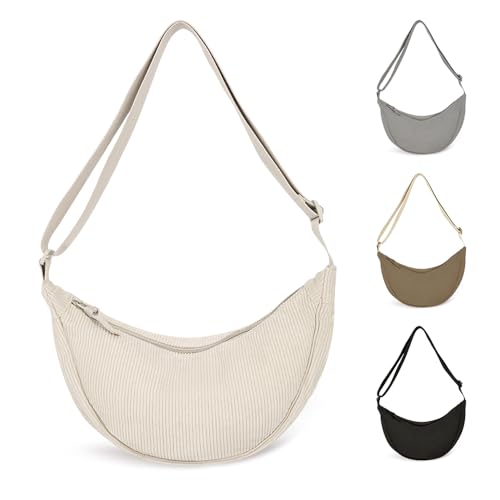 GIDWRIY Halbmond Tasche Damen Cord Crossbody Bag Weiß, Halbrunde Schultertasche, Half Moon Handtasche mit Reißverschluss, Umhängetasche Stoff, Dumpling Bag, Banana Bag, Einfarbige Messenger Bag von GIDWRIY