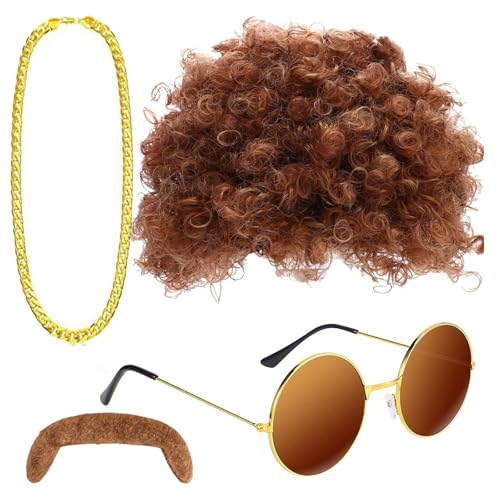 4 PCS Hippie Kostüm Set,Afro Perücke Hippie Perücke Männer,Disco Hippie Kostüm 70er 80er Jahre Hippie Fancy Dress Zubehör,Braune Perücke Sonnenbrille Halskette Falscher Bart von GIEEU
