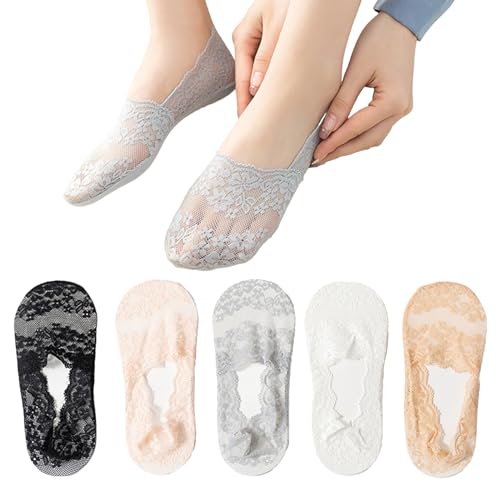 Damen Füßlinge Unsichtbare 5 Paar, Spitzen Socken Damen Mit Rutschfest Silikon,Atmungsaktiv Ballerina Socken von GIEEU
