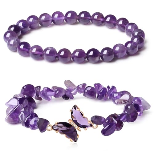 GIEEU 2 PCS Heilung Kristall Stein Armbänder, Schmetterling Amethyst Kristall Chip Armband Muster, Energie Heilung Perlen für Frauen von GIEEU