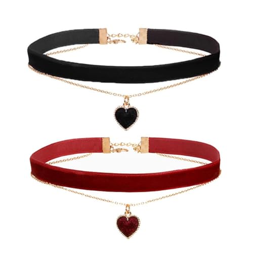Velvet Choker Necklace - 2 Pack Classic Velvet Heart Chokers Necklaces Set, Black & Red Gothic Chokers with Adjustable Chain, Heart Pendant Necklaces for Women, Einstellbar, Metall Samt Metall, von GIEEU