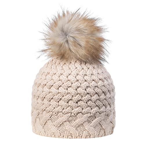 GIESSWEIN Longbeanie Wunspitze - Damen Merino Mütze mit Kunstfell Bommel, Warm gefütterte Wintermütze für Frauen, Strickmütze von GIESSWEIN