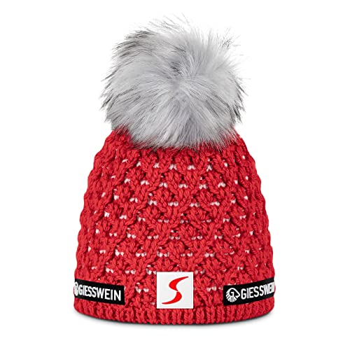 GIESSWEIN ÖSV Beanie Älplihorn - Merino Mütze mit Kunfstfell Bommel, Ski Austria Beanie, Damen Strickmütze aus Merinowolle, Warm gefütterte Skimütze von GIESSWEIN