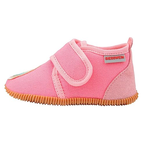 GIESSWEIN Schönsee Mädchen Hausschuhe, Slim Fit Kinder Hausschuhe aus Baumwolle mit Einhorn Motiv, Solide Sohle aus Naturkautschuk, Easy Fit Schuhe für Zuhause oder Kindergarten, Azalee 310, 20 EU von Giesswein