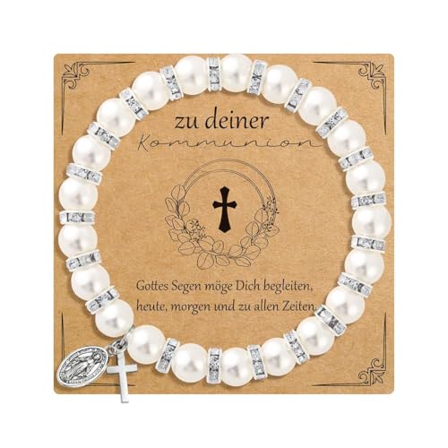 GIFT4U Armband Jungfrau Maria Perlenarmband mit Kreuz Rosenkranz Armband mit Kreuz Kommunion Geschenk zur Kommunion für Mädchen Christlicher Schmuck für Mädchen mit Glückwunschkarte von GIFT4U