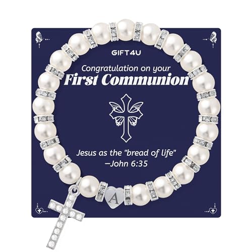 GIFT4U Armband mit Buchstaben Perlenarmband mit Kreuz Armband mit Kreuz Armband Kommunion Mädchen Geschenk zur Kommunion für Mädchen Christlicher Schmuck für Mädchen mit Glückwunschkarte-A von GIFT4U