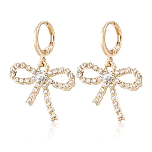 14 Karat Gold Strass Schleife Huggie Ohrringe für Frauen zierliche Kristall Bowknot Statement Creolen Trendy Ästhetische Zirkonia Ohrschmuck Geschenke, Large, Metall, Kein Edelstein von GIGB PBDK