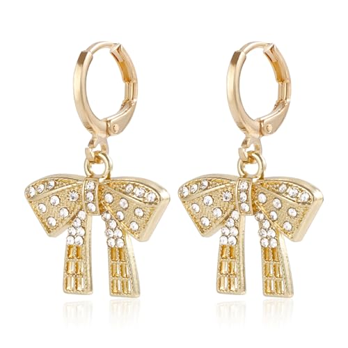 14 Karat Gold Strass Schleife Huggie Ohrringe für Frauen zierliche Kristall Bowknot Statement Creolen Trendy Ästhetische Zirkonia Ohrschmuck Geschenke, Large, Metall, Kein Edelstein von GIGB PBDK