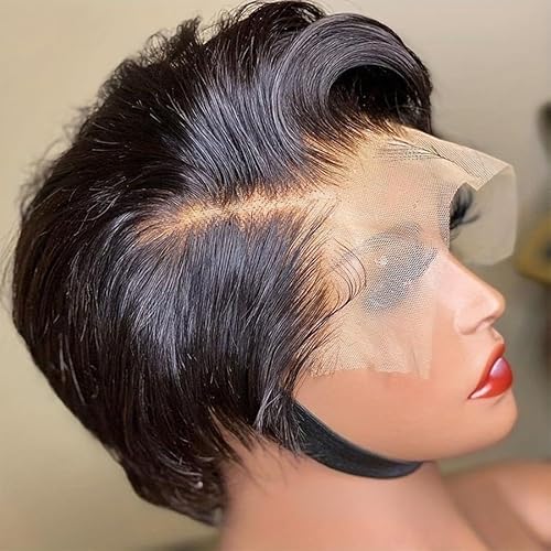 6 Zoll kurze lockige Pixie Perücke, 13 x 4 x 1 Spitzenperücke Echthaar Perücke, mit Pony Pixie Schnitt Perücke, for Frauen tägliche Verwendung auf Partys Cosplay.(Black) von GIGBIRD