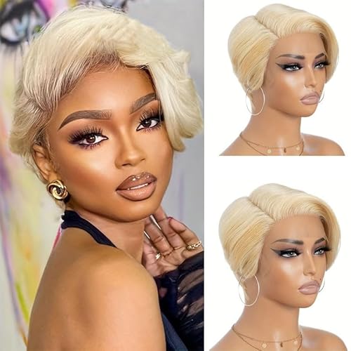 6 Zoll kurze lockige Pixie Perücke, 13 x 4 x 1 Spitzenperücke Echthaar Perücke, mit Pony Pixie Schnitt Perücke, for Frauen tägliche Verwendung auf Partys Cosplay.(Gold) von GIGBIRD